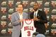 CHICAGO, IL - JULY 29: Dwyane Wade #3 of the Chicago Bulls is introduced by Chicago Bulls general manager Gar Forman at a press conference on July 29, 2016 at the Advocate Center in Chicago, Illinois. NOTE TO USER: User expressly acknowledges and agrees