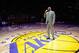 LOS ANGELES, CA - APRIL 13: NBA Legend, Magic Johnson announces Kobe Bryant #24 of the Los Angeles Lakers before his last game against the Utah Jazz on April 13, 2016 at Staples Center in Los Angeles, California. NOTE TO USER: User expressly acknowledges