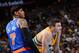 DENVER, CO - MARCH 13: Carmelo Anthony #7 of the New York Knicks and Danilo Gallinari #8 of the Denver Nuggets wait to resume play action during their game on March 13, 2013 at the Pepsi Center in Denver, Colorado. NOTE TO USER: User expressly acknowledge