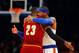NEW YORK, NY - DECEMBER 07: (NEW YORK DAILIES OUT) Carmelo Anthony #7 of the New York Knicks greets LeBron James #23 of the Cleveland Cavaliers before their game at Madison Square Garden on December 7, 2016 in New York City. The Cavaliers defeated the