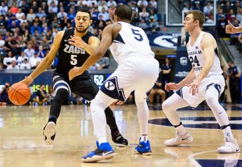 PROVO, UT - FEBRUARY 02: Nigel Williams-Goss #5 of the Gonzaga Bulldogs attempts to drive around L.J. Rose #5 of the Brigham Young Cougars during a game at Marriott Center on February 2, 2017 in Provo, Utah.  (Photo by Alex Goodlett/Getty Images)