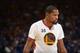 OAKLAND, CA - FEBRUARY 8: Kevin Durant #35 of the Golden State Warriors looks on during the game against the Chicago Bulls on February 8, 2017 at ORACLE Arena in Oakland, California. NOTE TO USER: User expressly acknowledges and agrees that, by downloadi