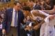 DURHAM, NC - OCTOBER 30: Head coach Mike Krzyzewski confers with Brandon Ingram #14 of the Duke Blue Devils during their game against the Florida Southern Mocs at Cameron Indoor Stadium on October 30, 2015 in Durham, North Carolina. Duke won 112-68. (Ph