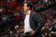 MIAMI, FL - JANUARY 28: Erik Spoelstra of the Miami Heat looks on during the game against the Detroit Pistons on January 28, 2017 at AmericanAirlines Arena in Miami, Florida. NOTE TO USER: User expressly acknowledges and agrees that, by downloading and or