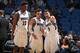 MINNEAPOLIS, MN - JANUARY 9: Ricky Rubio #9, Tyus Jones #1, and Andrew Wiggins #22 of the Minnesota Timberwolves talk during the game against the Dallas Mavericks on January 9, 2017 at Target Center in Minneapolis, Minnesota. NOTE TO USER: User expressly
