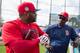FORT MYERS, FL- FEBRUARY 16: Pablo Sandoval #48 of the Boston Red Sox talks to hitting coach Chili Davis during batting practice on February 16, 2017 at jetBlue Park in Fort Myers, Florida. (Photo by Michael Ivins/Boston Red Sox) *** LOCAL CAPTION ***