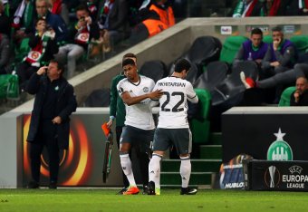 SAINT-ETIENNE, FRANCE - FEBRUARY 22: Henrikh Mkhitaryan of Manchester United leaves the field with an injury and is replaced by Marcus Rashford of Manchester United during the UEFA Europa League Round of 32 second leg match between AS Saint-Etienne and M