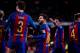 BARCELONA, SPAIN - MARCH 04: Lionel Messi (C) of FC Barcelona celebrates after his teammate Samuel Umtiti scored his team's fourth goal during the La Liga match between FC Barcelona and RC Celta de Vigo at Camp Nou stadium on March 4, 2017 in Barcelona, S