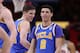 TUCSON, AZ - FEBRUARY 25: Lonzo Ball #2 of the UCLA Bruins celebrates alongside TJ Leaf #22 during the final moments of the second half of the college basketball game against the Arizona Wildcats at McKale Center on February 25, 2017 in Tucson, Arizona.