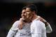 MADRID, SPAIN - MARCH 20: Cristiano Ronaldo of Real Madrid celebrates with Henrique Casemiro after scoring Real's 2nd goal during the La Liga match between Real Madrid CF and Sevilla FC at Estadio Santiago Bernabeu on March 20, 2016 in Madrid, Spain. (P
