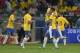 Brazil's Paulinho(15) celebrates with Neymar after scoring against Argentina during their 2018 FIFA World Cup qualifier football match in Belo Horizonte, Brazil, on November 10, 2016. / AFP / DOUGLAS MAGNO (Photo credit should read DOUGLAS MAGNO/AF