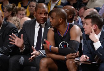 DENVER, CO - MARCH 16: Head coach Doc Rivers talks with Chris Paul #3 of the LA Clippers during the game against the Denver Nuggets on March 16, 2017 at the Pepsi Center in Denver, Colorado. NOTE TO USER: User expressly acknowledges and agrees that, by do