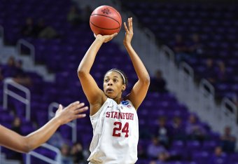 MANHATTAN, KS - MARCH 18:  Erica McCall #24 of the Stanford Cardinal puts up a shot against the New Mexico State Aggies during the first round of the 2017 NCAA Women's Basketball Tournament at Bramlage Coliseum on March 18, 2017 in Manhattan, Kansas.  (Ph