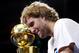 Nowitzki fights back tears during a celebration of Dallas' 2011 NBA championship on June 16, 2011.