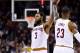 CLEVELAND, OH - FEBRUARY 11: Derrick Williams #3 celebrates with LeBron James #23 of the Cleveland Cavaliers during the first half against the Denver Nuggets at Quicken Loans Arena on February 11, 2017 in Cleveland, Ohio. NOTE TO USER: User expressly ackn