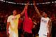 MIAMI, FL - APRIL 2: Hassan Whiteside #21 of the Miami Heat high-fives his teammates before the game against the Denver Nuggets on April 2, 2017 at American Airlines Arena in Miami, Florida. NOTE TO USER: User expressly acknowledges and agrees that, by d