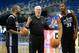 BERLIN - OCTOBER 7: Head Coach Gregg Popovich, Tony Parker #9 and Boris Diaw #33 of the San Antonio Spurs talk during practice as part of the 2014 Global Games on October 7, 2014 at the O2 Arena in Berlin, Germany. NOTE TO USER: User expressly acknowledg