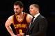 LOS ANGELES, CA - MARCH 19: Tyronn Lue of the Cleveland Cavaliers and Kevin Love #0 react to play during the first half against the Los Angeles Lakers at Staples Center on March 19, 2017 in Los Angeles, California. NOTE TO USER: User expressly acknowled