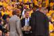 Steve Kerr, left, huddles with his assistant coaches in Game 2 of the Warriors first round series vs. the Portland Trail Blazers.