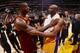 LOS ANGELES, CA - MARCH 10: Kobe Bryant #24 of the Los Angeles Lakers shakes hands with LeBron James #23 of the Cleveland Cavaliers after the game at STAPLES Center on March 10, 2016 in Los Angeles, California. NOTE TO USER: User expressly acknowledges a