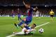 BARCELONA, SPAIN - APRIL 19: Jordi Alba of FC Barcelona is tackled by Dani Alves of Juventus during the UEFA Champions League Quarter Final second leg match between FC Barcelona and Juventus at Camp Nou on April 19, 2017 in Barcelona, Spain. (Photo by C