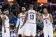 CLEVELAND, OH - APRIL 2: LeBron James #23 Tristan Thompson #13 and JR Smith #5 of the Cleveland Cavaliers celebrate after a play during the second half against the Indiana Pacers at Quicken Loans Arena on April 2, 2017 in Cleveland, Ohio. The Cavaliers de