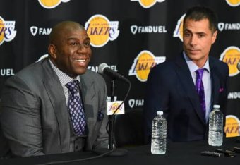 EL SEGUNDO, CA - March 10: Rob Pelinka is introduced as the new Lakers General Manager by Magic Johnson at Toyota Sports Center on March 10, 2017 in El Segundo, California. NOTE TO USER: User expressly acknowledges and agrees that, by downloading and/or u