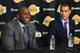 EL SEGUNDO, CA - March 10: Rob Pelinka is introduced as the new Lakers General Manager by Magic Johnson at Toyota Sports Center on March 10, 2017 in El Segundo, California. NOTE TO USER: User expressly acknowledges and agrees that, by downloading and/or u