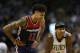 May 2, 2017; Boston, MA, USA; Washington Wizards shooting forward Kelly Oubre Jr. (12) stand next to Boston Celtics point guard Isaiah Thomas (4) during the first quarter in game two of the second round of the 2017 NBA Playoffs at TD Garden. Mandatory Cre