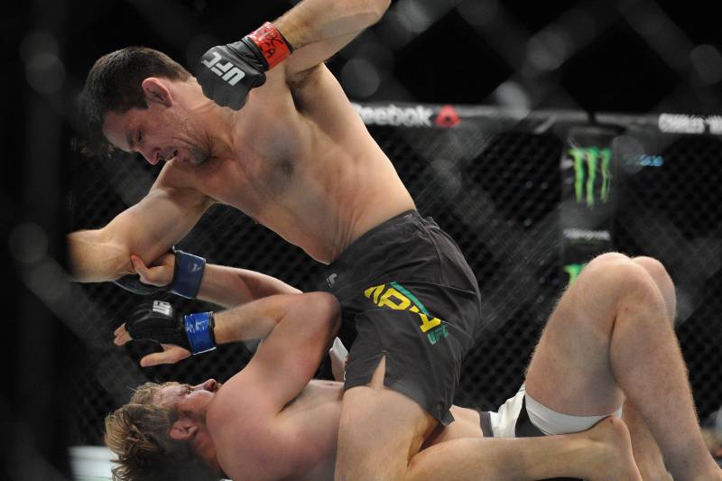 December 12, 2015; Las Vegas, NV, USA; Demian Maia lands punches against Gunnar Nelson during UFC 194 at MGM Grand Garden Arena. Mandatory Credit: Gary A. Vasquez-USA TODAY Sports