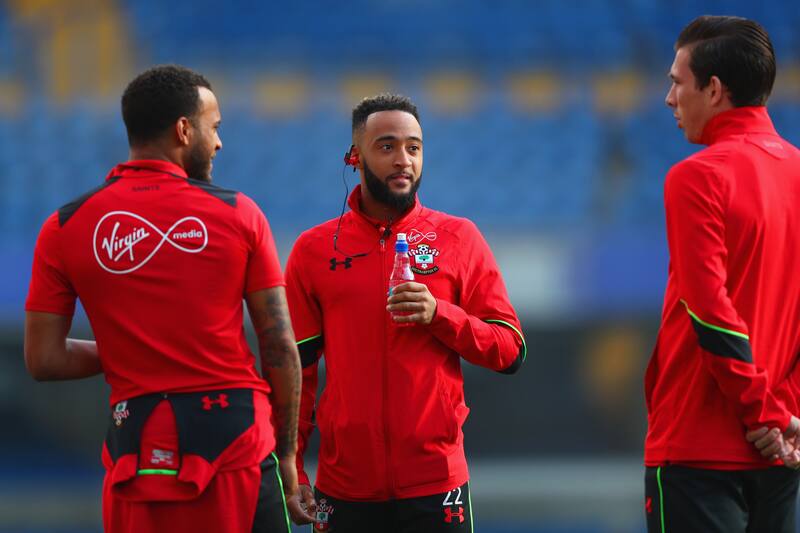 LONDON, ENGLAND - APRIL 25: (L-R) Ryan Bertrand, Nathan Redmond and Pierre-Emile Hojbjerg of Southampton walk on the pitch prior to the Premier League match between Chelsea and Southampton at Stamford Bridge on April 25, 2017 in London, England. (Photo