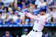 KANSAS CITY, MO - MAY 13: Eric Hosmer #35 of the Kansas City Royals hits a double against the Baltimore Orioles during the second inning at Kauffman Stadium on May 13, 2017 in Kansas City, Missouri. Players are wearing pink to celebrate Mother's Day weeke