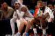 NEW YORK, NY - APRIL 12: Carmelo Anthony #7 of the New York Knicks looks on from the bench in the fourth quarter against the Philadelphia 76ers at Madison Square Garden on April 12, 2017 in New York City. NOTE TO USER: User expressly acknowledges and agr