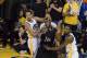 May 14, 2017; Oakland, CA, USA; San Antonio Spurs forward LaMarcus Aldridge (12) is surrounded by Golden State Warriors guard Shaun Livingston (34) and forward Kevin Durant (35) on a rebound during the fourth quarter in game one of the Western conference