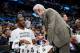 SAN ANTONIO, TX - MARCH 19: Head Coach Gregg Popovich talks with LaMarcus Aldridge #12 of the San Antonio Spurs during the game against the Sacramento Kings on March 19, 2017 at the AT&T Center in San Antonio, Texas. NOTE TO USER: User expressly acknowle