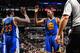 SAN ANTONIO, TX - MAY 20: Kevin Durant #35 and Draymond Green #23 of the Golden State Warriors high five each other during the game against the San Antonio Spurs during Game Three of the Western Conference Finals of the 2017 NBA Playoffs on May 20, 2017 a