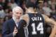 SACRAMENTO, CA - NOVEMBER 9: Head Coach Gregg Popovich of the San Antonio Spurs coaches Danny Green #14 against the Sacramento Kings on November 9, 2015 at Sleep Train Arena in Sacramento, California. NOTE TO USER: User expressly acknowledges and agrees t