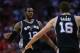 HOUSTON, TX - MAY 05: LaMarcus Aldridge #12 of the San Antonio Spurs reacts with Pau Gasol #16 against the Houston Rockets during Game Three of the NBA Western Conference Semi-Finals at Toyota Center on May 5, 2017 in Houston, Texas. NOTE TO USER: User
