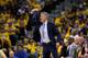 OAKLAND, CA - APRIL 19: Head coach Steve Kerr of the Golden State Warriors motions to his team during their game against the Portland Trail Blazers in Game Two of the Western Conference Quarterfinals during the 2017 NBA Playoffs at ORACLE Arena on April