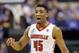 INDIANAPOLIS, IN - MARCH 19: Donovan Mitchell #45 of the Louisville Cardinals reacts against the Michigan Wolverines in the first half during the second round of the 2017 NCAA Men's Basketball Tournament at the Bankers Life Fieldhouse on March 19, 2017 i