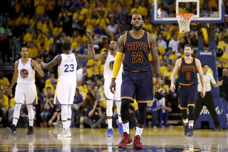 OAKLAND, CA - JUNE 01: LeBron James #23 of the Cleveland Cavaliers reacts after a play in Game 1 of the 2017 NBA Finals against the Golden State Warriors at ORACLE Arena on June 1, 2017 in Oakland, California. NOTE TO USER: User expressly acknowledges an