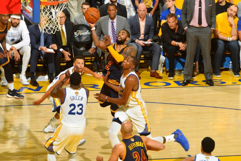 OAKLAND, CA - JUNE 1:  Kyrie Irving #2 of the Cleveland Cavaliers goes up for a shot against the Golden State Warriors in Game One of the 2017 NBA Finals on June 1, 2017 at ORACLE Arena in Oakland, California. NOTE TO USER: User expressly acknowledges and