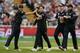 BIRMINGHAM, ENGLAND - JUNE 2 : Trent Boult of New Zealand is congratulated after dismissing David Warner of Australia during the ICC Champions Trophy match between Australia and New Zealand at Edgbaston cricket ground on June 2, 2017 in Birmingham, Englan