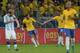 Brazil's Neymar (2-L) celebrates after scoring the team's second goal against Argentina during their 2018 FIFA World Cup qualifier football match in Belo Horizonte, Brazil, on November 10, 2016. / AFP / AFP AND DOUGLAS MAGNO / DOUGLAS MAGNO (Photo