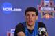Mar 23, 2017; Memphis, TN, USA; UCLA Bruins guard Lonzo Ball (2) speaks during a press conference during practice the day before the South Regional semifinals of the 2017 NCAA Tournament at FedExForum. Mandatory Credit: Jim Brown-USA TODAY Sports