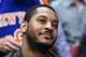 MIAMI, FL - MARCH 31: Carmelo Anthony of the New York Knicks looks on during a NBA game against the Miami Heat on March 31, 2017 at AmericanAirlines Arena in Miami, Florida. NOTE TO USER: User expressly acknowledges and agrees that, by downloading and or