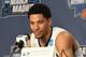 BUFFALO, NY - MARCH 18: Josh Hart #3 of the Villanova Wildcats address the media after the Second Round of the NCAA Basketball Tournament against the Wisconsin Badgers at The KeyBank Center on March 18, 2017 in Buffalo, New York. The Badgers won 65-62.