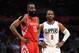 LOS ANGELES, CA - APRIL 10: James Harden #13 of the Houston Rockets and Chris Paul #3 of the LA Clippers look on during the second half of a game at Staples Center on April 10, 2017 in Los Angeles, California. NOTE TO USER: User expressly acknowledges