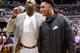 LOS ANGELES, CA - AUGUST 30: Los Angeles Sparks Owner Magic Johnson interviews D'Angelo Russell #1 of the Los Angeles Lakers during a game between the Los Angeles Sparks and the San Antonio Stars at STAPLES Center on August 30, 2015 in Los Angeles, Califo