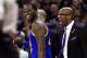 CLEVELAND, OH - JUNE 09: Draymond Green #23 of the Golden State Warriors and assistant coach Mike Brown react after a foul call in the third quarter against the Cleveland Cavaliers in Game 4 of the 2017 NBA Finals at Quicken Loans Arena on June 9, 2017 in
